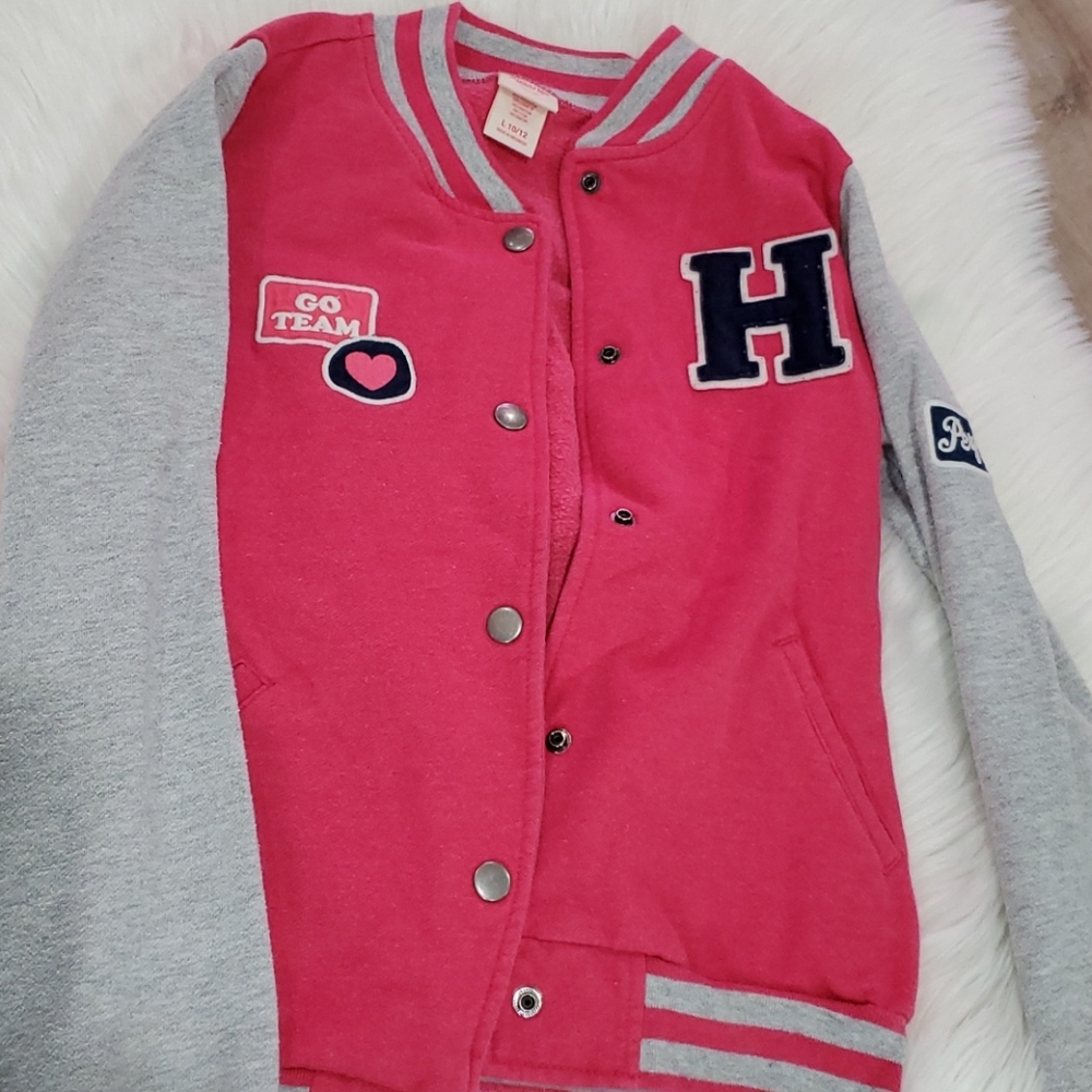 Mossimo girls varsity H sweater 10 / 12 pink grey